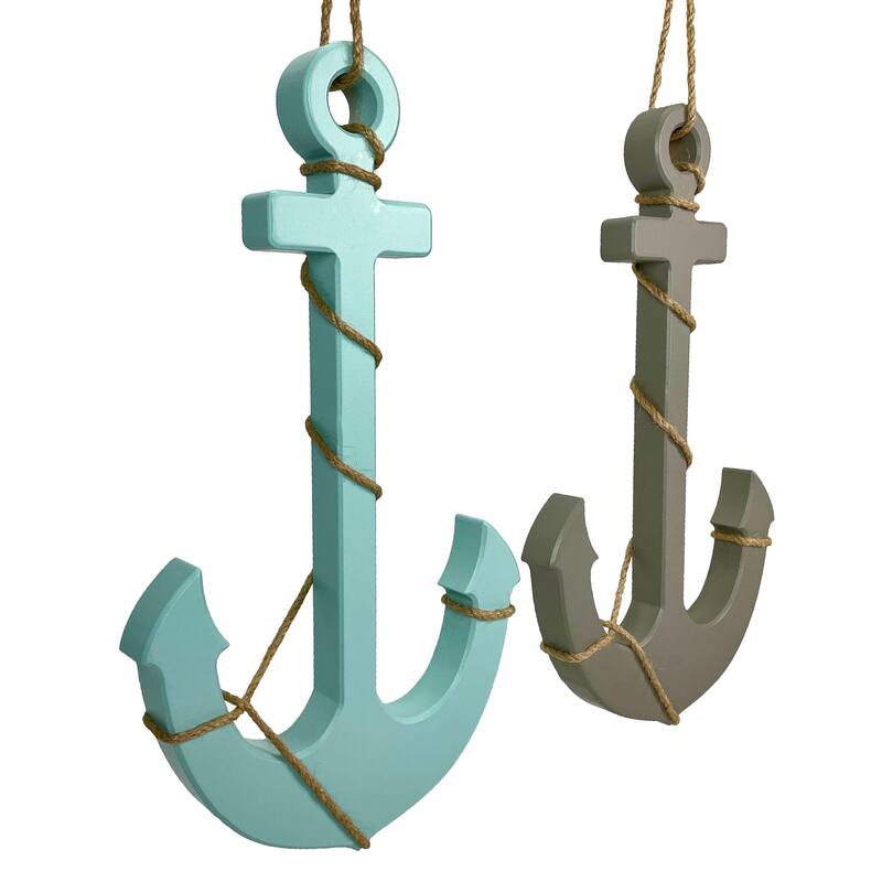 Set Of 2 Wood Nautical Wall Anchors 15In Rope Beach Coastal Decor Blue