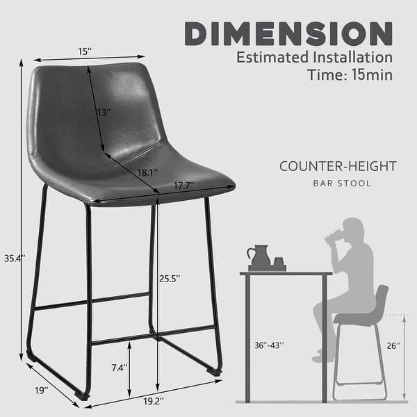 dimension image slide 6 of 19, Bossin 18/26/30 inch Bar Stools,Counter Height Bar Stools with Back Modern PU Leather Stools Dining Chair with Footrest