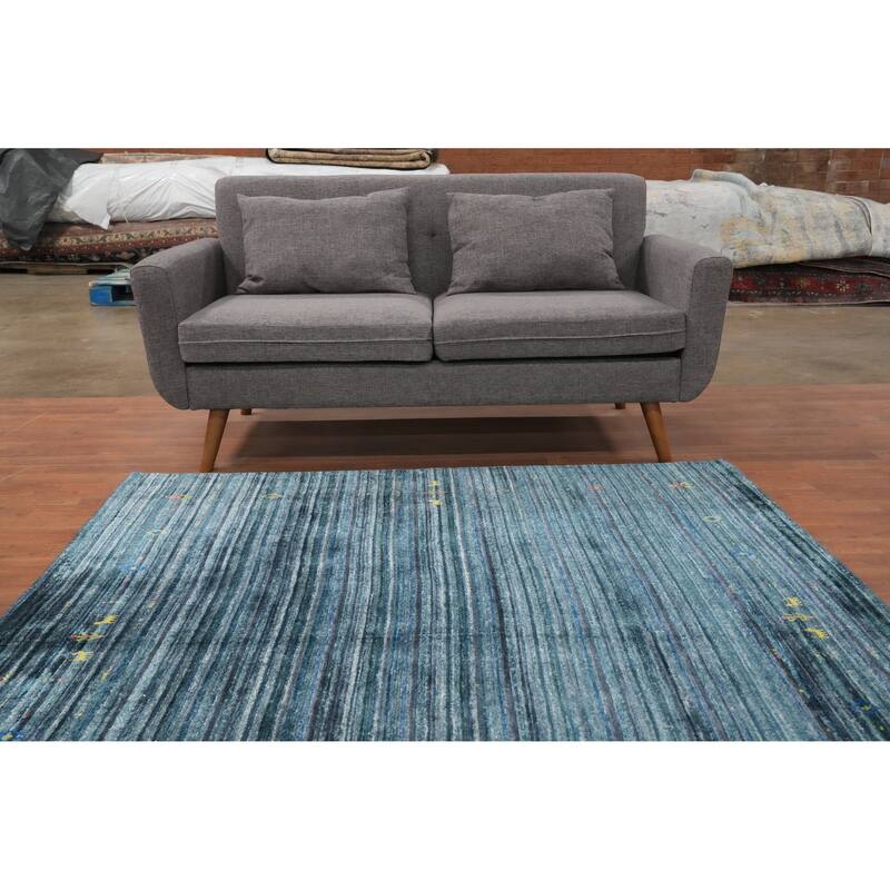 Hand Knotted Oriental Viscose Silk Carpet Tribal Animal Pictorial Navy Blue & Blues Gabbeh Area Rug - 5' 9'' X 6' 3''