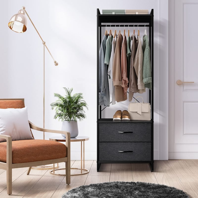 Clothing Rack with 2 Drawers - Tall Closet Stand Dresser for Bedroom