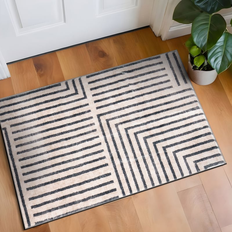 World Rug Gallery Distressed Bohemian Stripes Washable Non Slip Area Rug - Beige - 2'x4'
