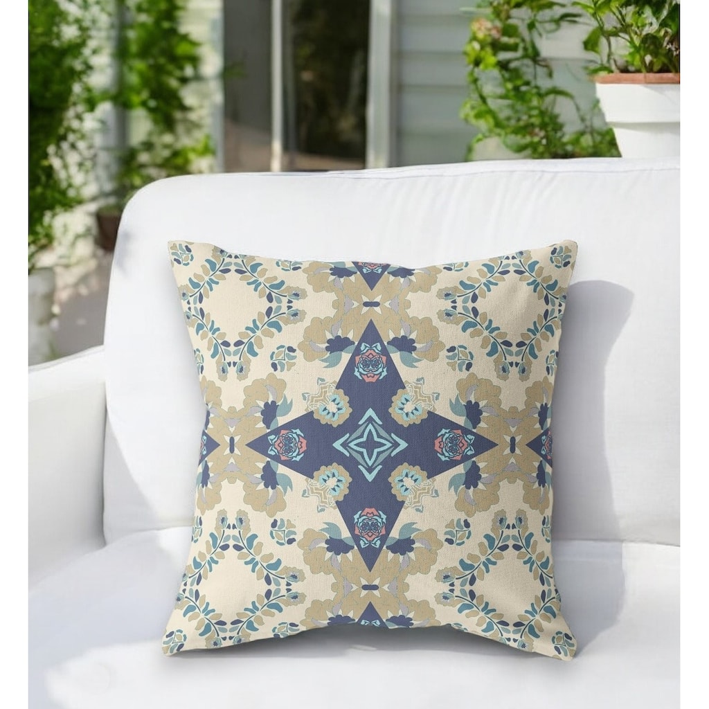 HomeRoots 26" X 26" Cream Floral Indoor Outdoor Throw Pillow