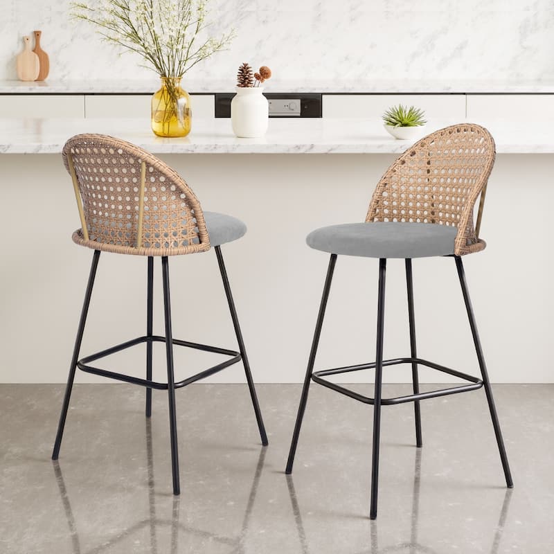 29"H Upholstered Bar Stools Counter Stools with Rattan Back Set of 2 - Set of 2