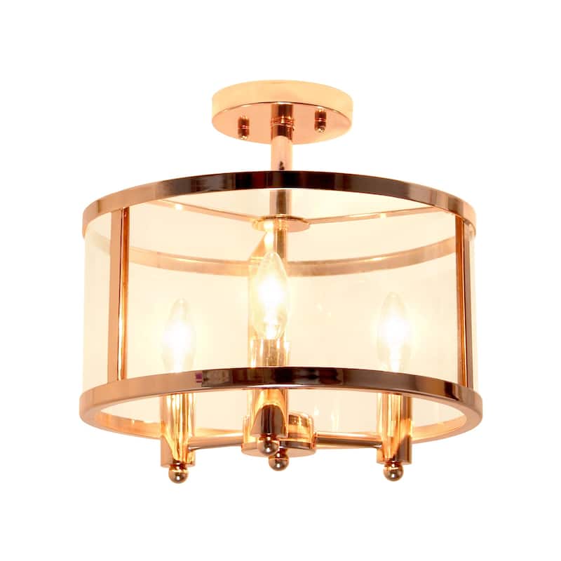 HomeStock 13" Semi-Flushmount Gold 3-Light Fixture - Iron & Glass Shade, Traditional Industrial Lighting - 12.5