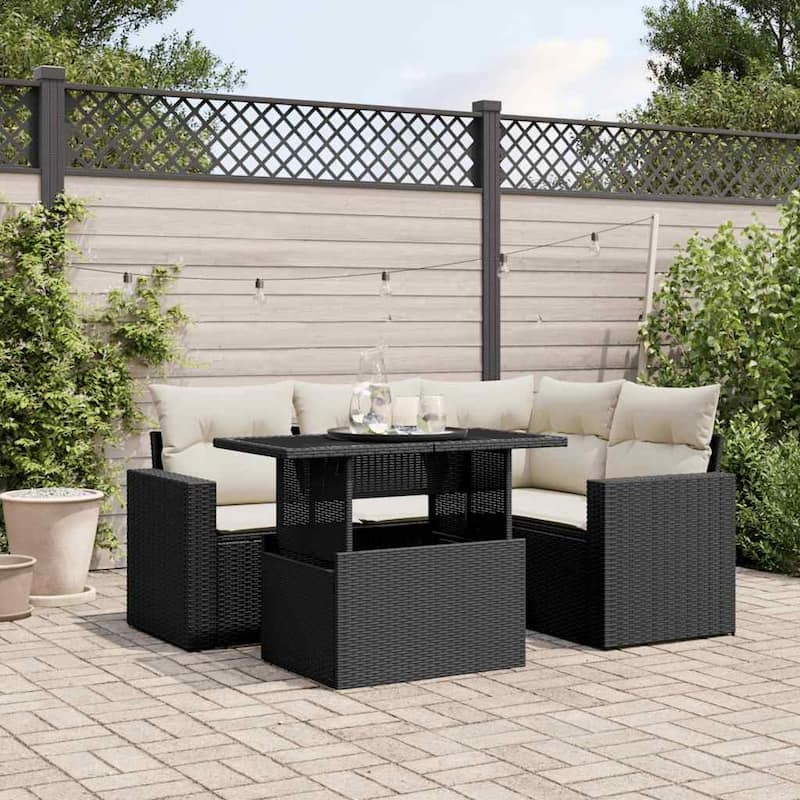 vidaXL Patio Sofa Set with Cushions Outdoor Furniture 5 Piece Poly Rattan - 21.7 x 39.4 x 28.7 in - Black and cream without storage