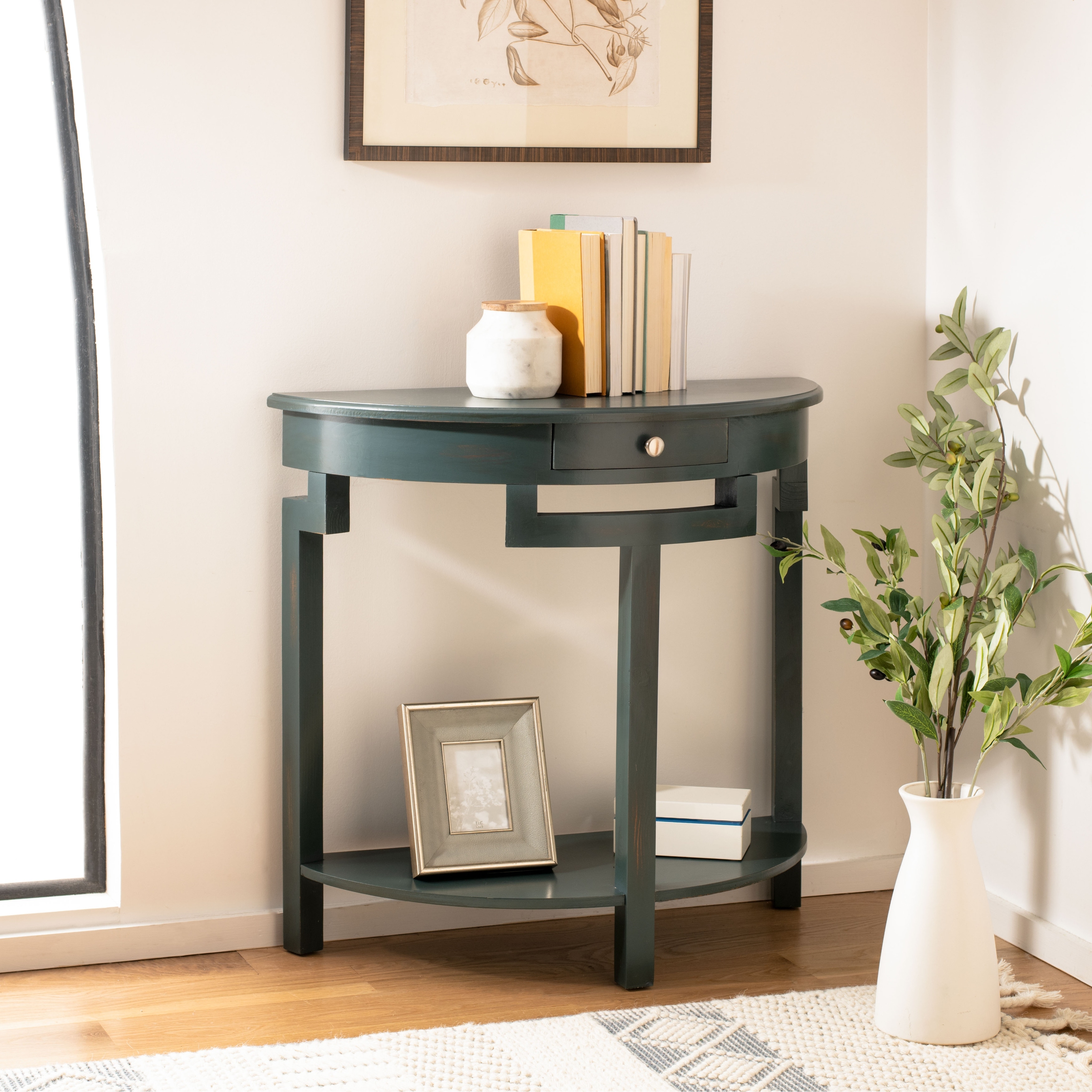 Dark teal deals console table