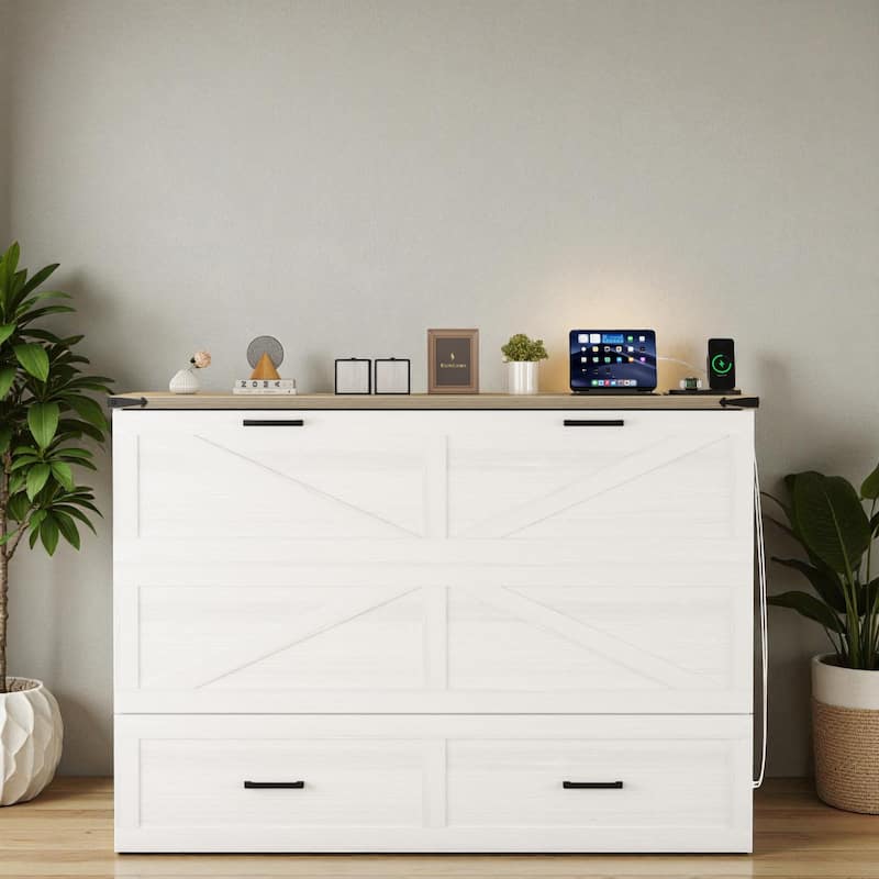 Queen Farmhouse Murphy Cabinet Bed with Charging Station and Large Storage Drawer, Foldable Space-Saving Platform Bed - White - Queen