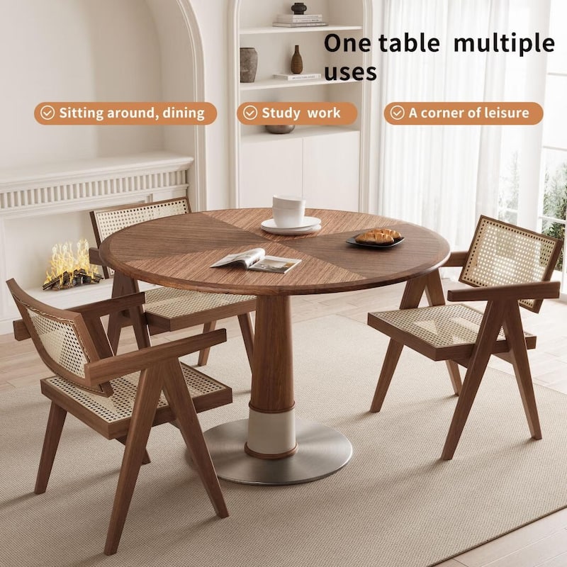 43.3-inch Round stainless steel base Nature Wood Walnut Top Large Round Dining Table for 4-8 people - 47.24" Wx47.24" Dx29.5"H