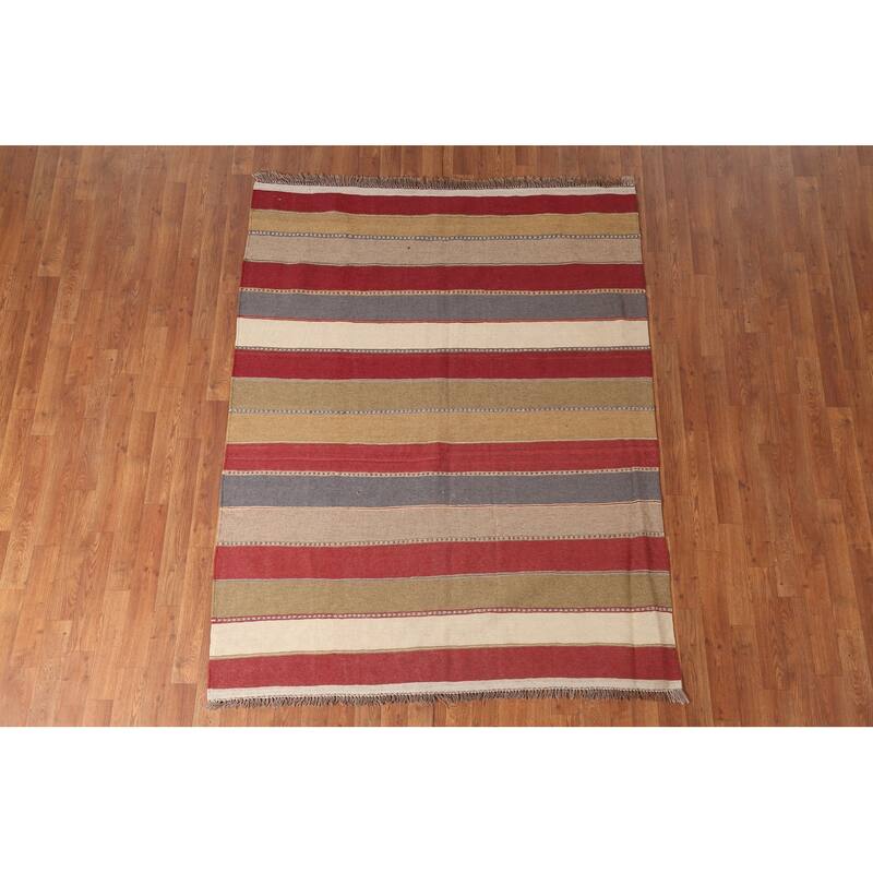 Striped Kilim Qashqai Persian Area Rug Flatweave Wool Carpet - 5'0" x 6'6"