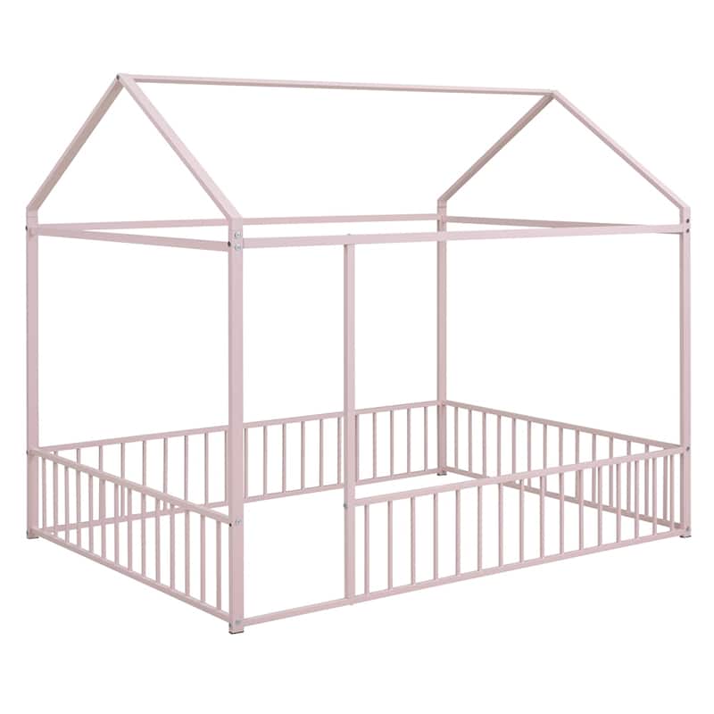 Full Size Metal Bed House Bed Frame with Fence for Kids