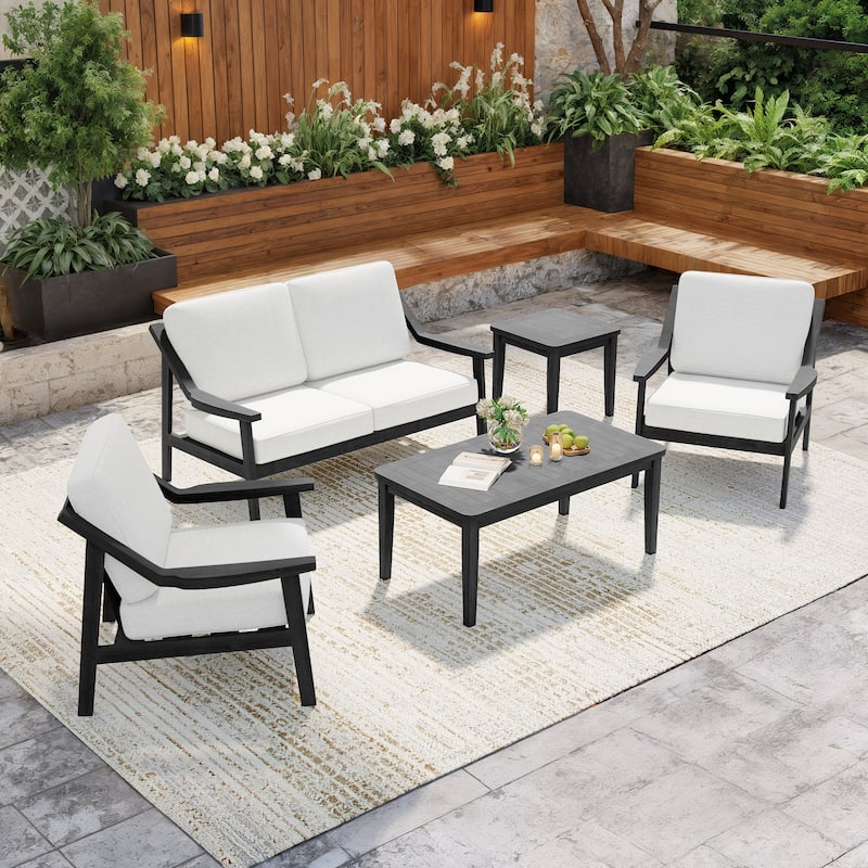 5-Piece Outdoor Sectional Wood Conversation Set with Table - Beige - Black Wood