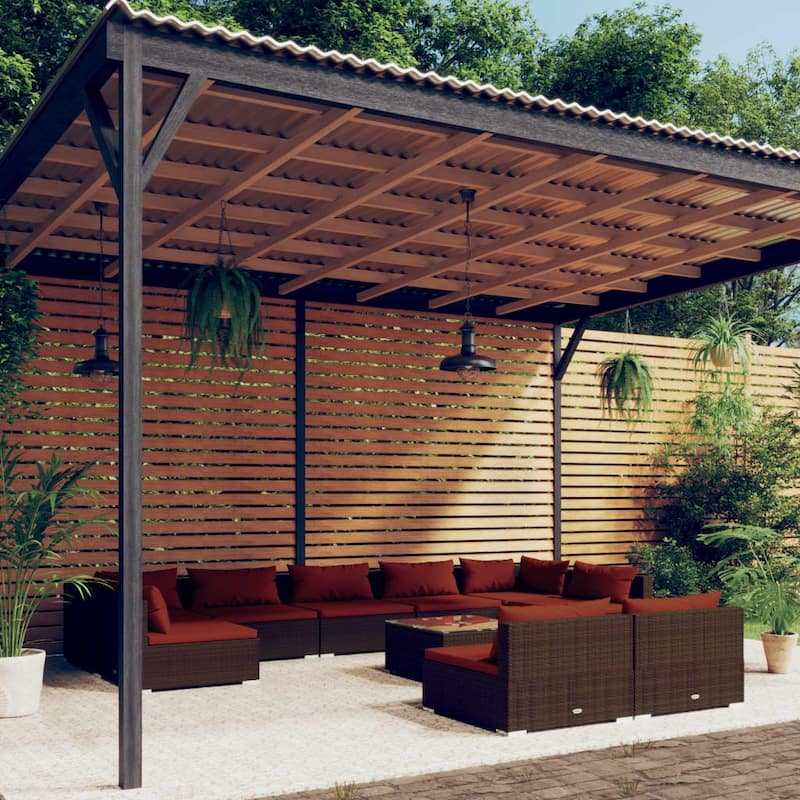 vidaXL Patio Lounge Set with Cushions Brown Poly Rattan - 27.6" x 27.6" x 24" - 27.6" x 27.6" x 24" - Brown/Cinnamon red 10 Piece