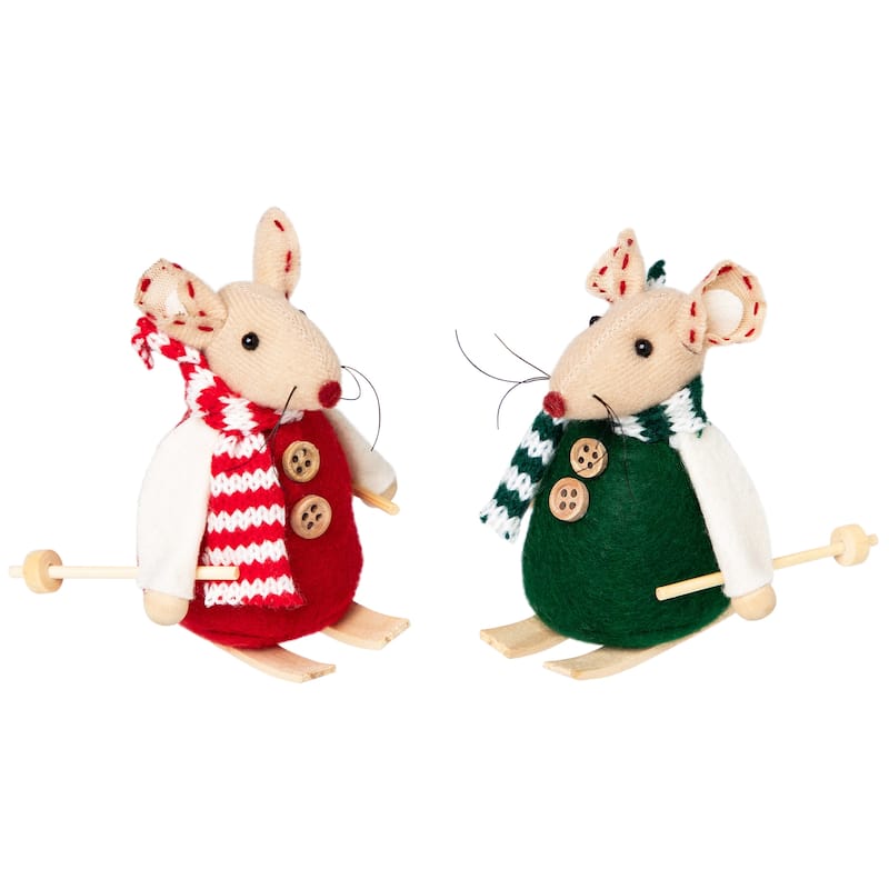 Skiing Mice Christmas Decorations - 3.5" - Set of 2