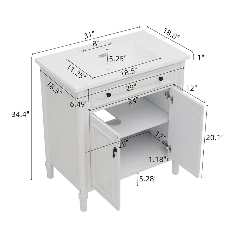 Christopher Knight Home - Marseille 31" Vintage Bathroom Vanity with Sink, Antique Cabinet with Classic Bathroom Storage
