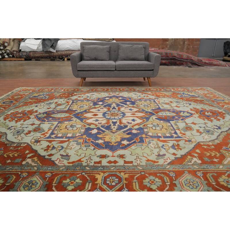 Hand Knotted Oriental 100% Wool Carpet Traditional Medallion Green Heriz (serapi) Area Rug - 11' 11'' X 8' 11''