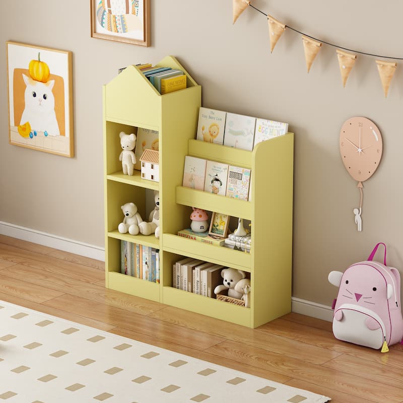 Anmytek Yellow Kids Bookshelf Toy Storage Organizer 6 Compartments 2 Baskets Cubby - Yellow