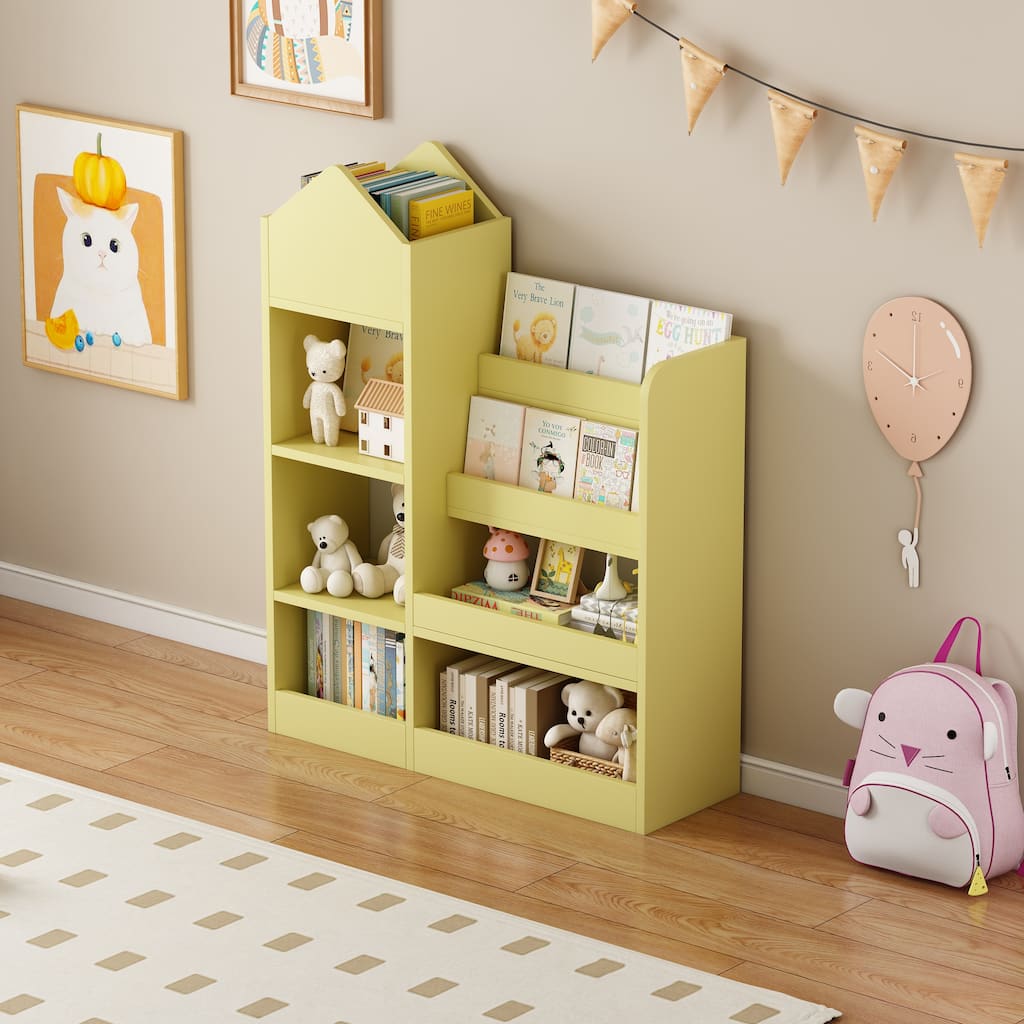 Anmytek Yellow Kids Bookshelf Toy Storage Organizer 6 Compartments 2 Baskets Cubby