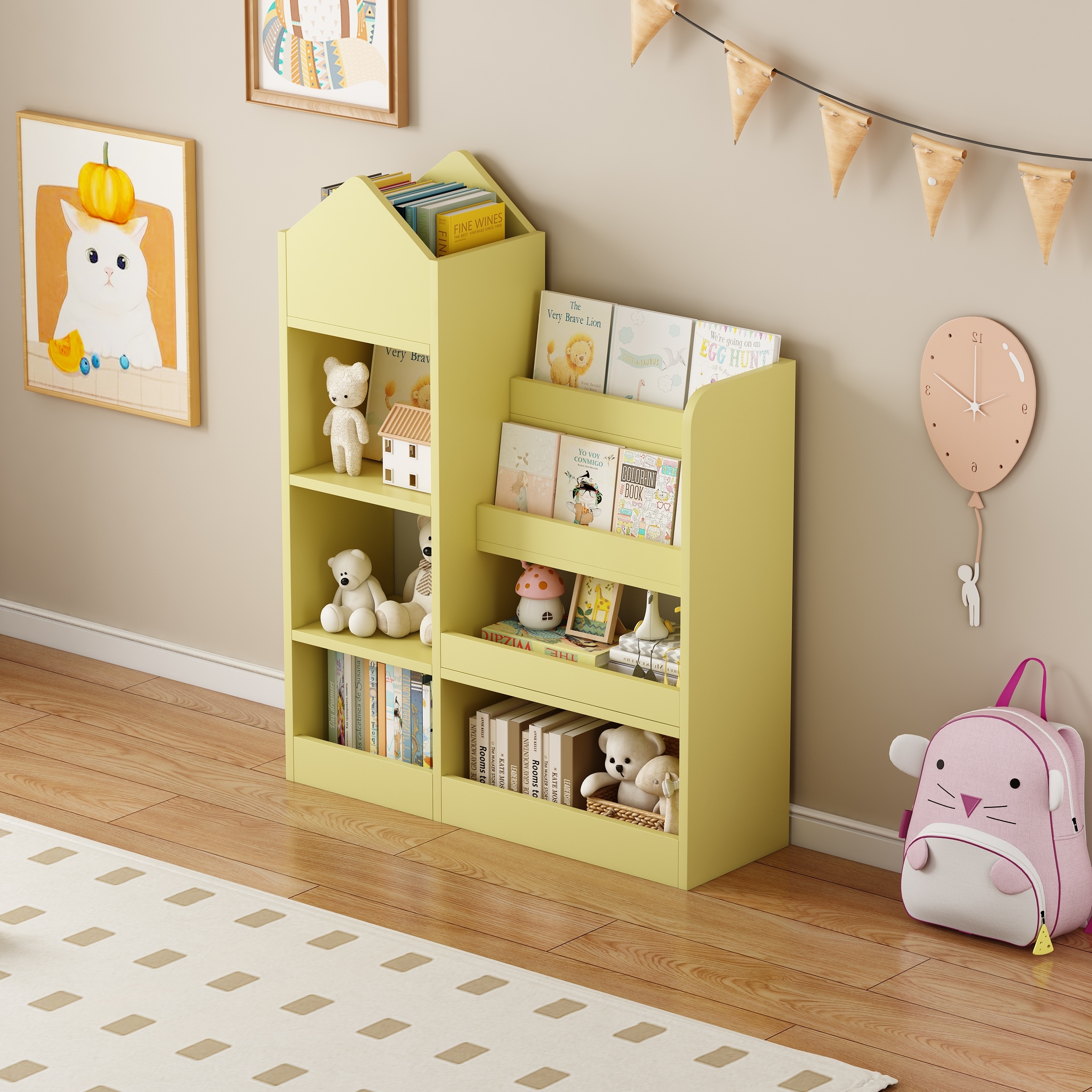 Kids Wooden Bookshelf Organizer with 6 Compartments & 2 Baskets