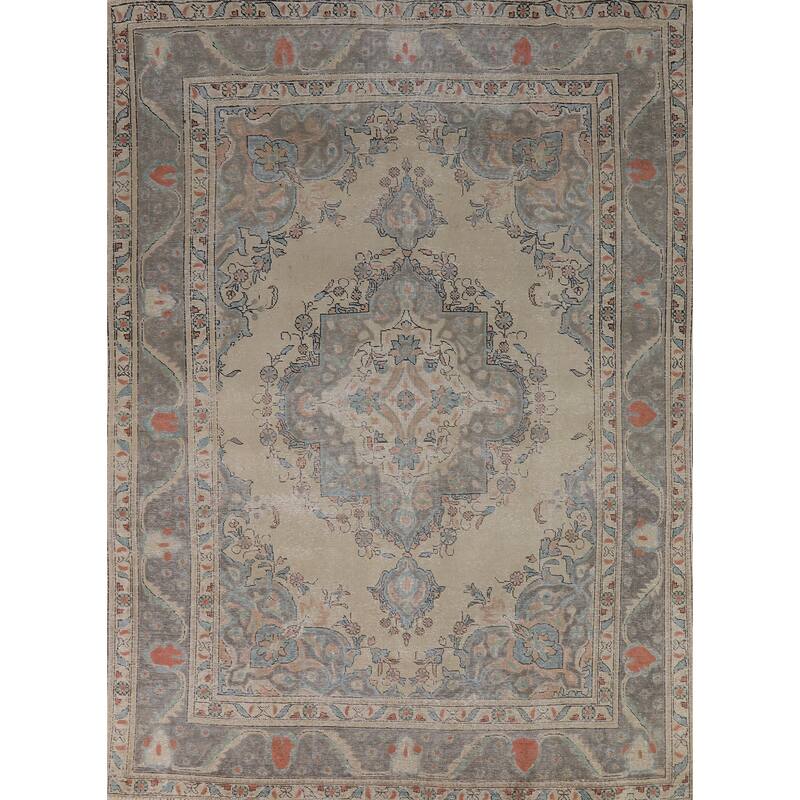 Geometric Tabriz Persian Rug Hand-Knotted Beige Wool Carpet - 8'2"x 10'6"