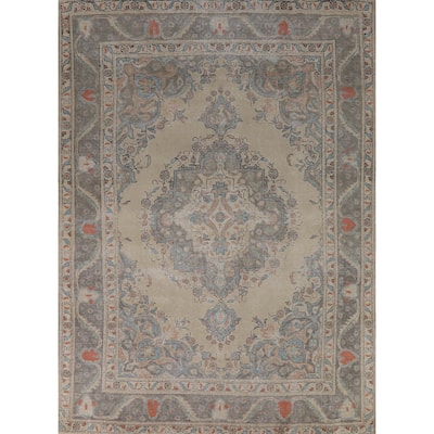 Geometric Tabriz Persian Rug Hand-Knotted Beige Wool Carpet - 8'2"x 10'6"