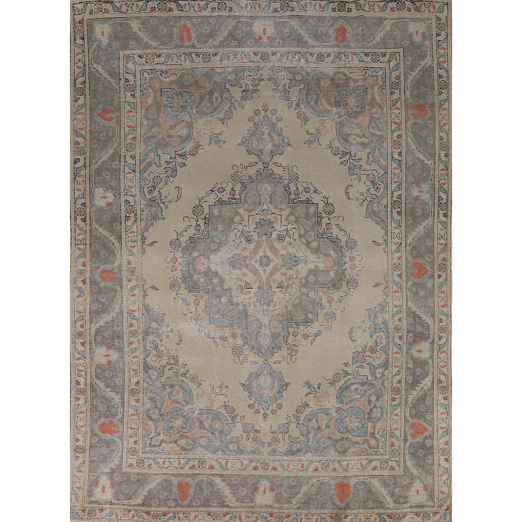 Geometric Tabriz Persian Rug Hand-Knotted Beige Wool Carpet - 8'2"x 10'6"