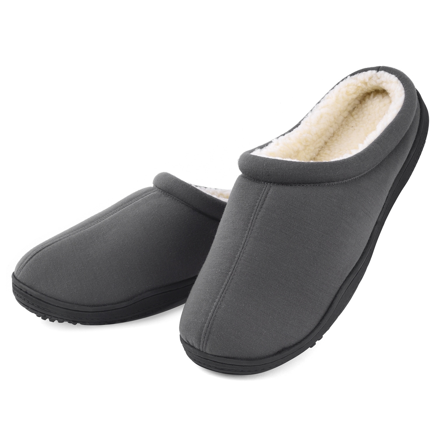Cozy Memory Foam Slippers Warm Fur Lined House Shoes Indoor Outdoor Anti-Skid Rubber Sole Black