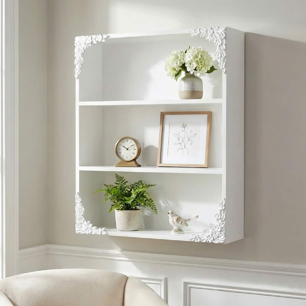 American Art Decor Ornate Floral 3-Tier Decorative Vintage Wall Mounted Shelf - White - 19.87" x 23.75"