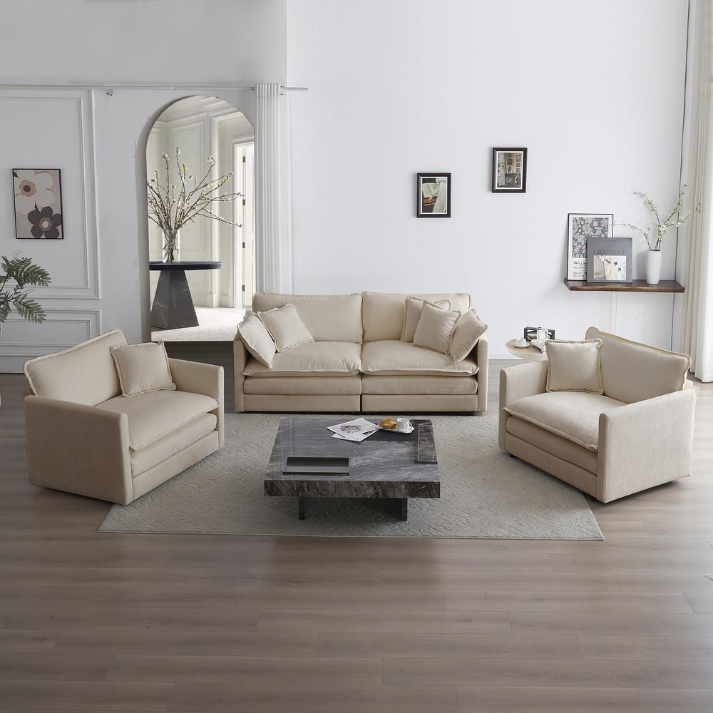 GDFStudio - Lysander Modern Chenille 2 Seater Sofa with 2 Arm Chairs and Pillows