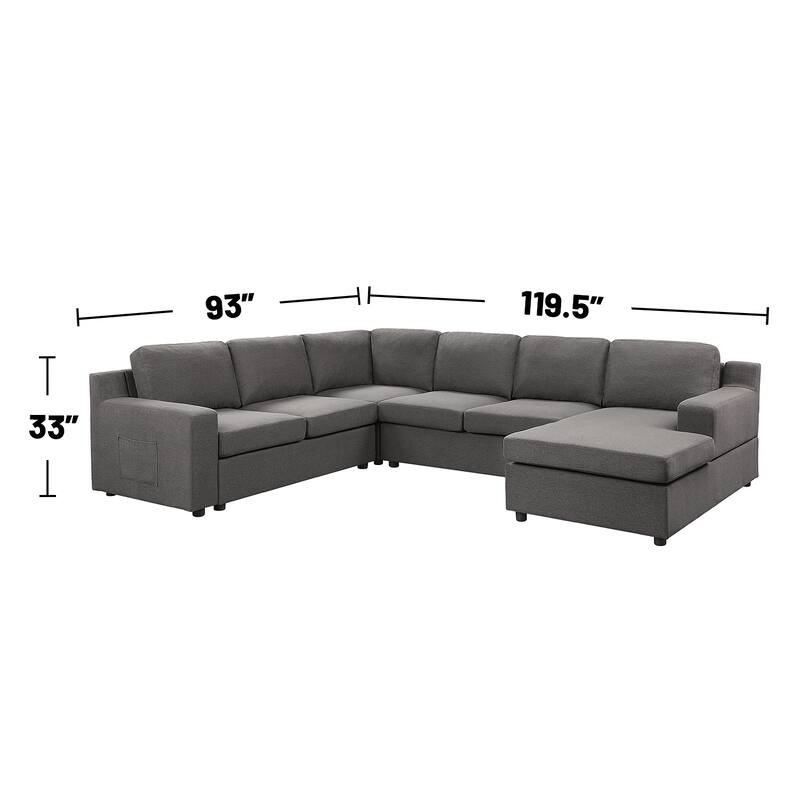 Linen 6-Seater U-Shape Sectional Sofa Chaise and Pocket in Gray