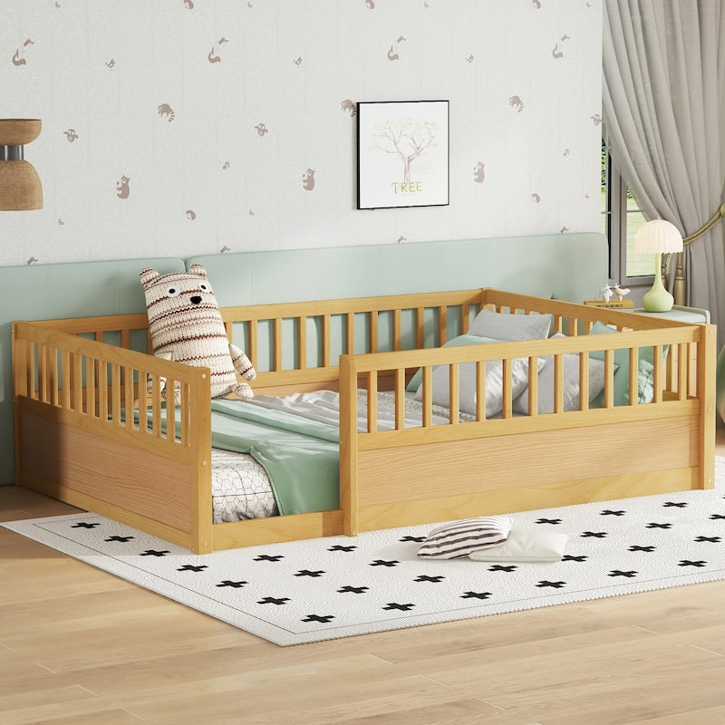 Full Size Wooden Children's Floor Bed with Safety Fence for Bedroom or Playroom