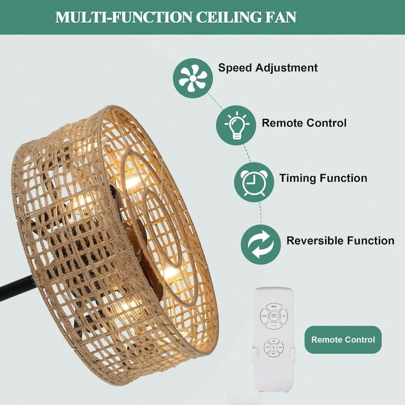 Cusp Barn 18" Farmhouse Caged Ceiling Fan with Light and Remote, Boho Rattan 3 Speeds Reversible Ceiling Fan for Bedroom