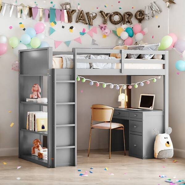 slide 2 of 10, Twin Size Loft Bed with Ladder, Shelves and Desk, Maximized Space, Grey Grey