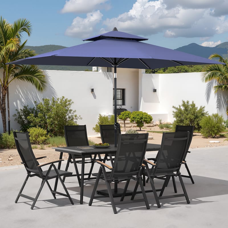 9PC Outdoor Patio Dining Set WoodLike Aluminum Umbrella Hole Table with Folding Chairs,Double Top Market Umbrella and Wheel Base - GreyTable&BlackChairs&NavyBlueUmbrella