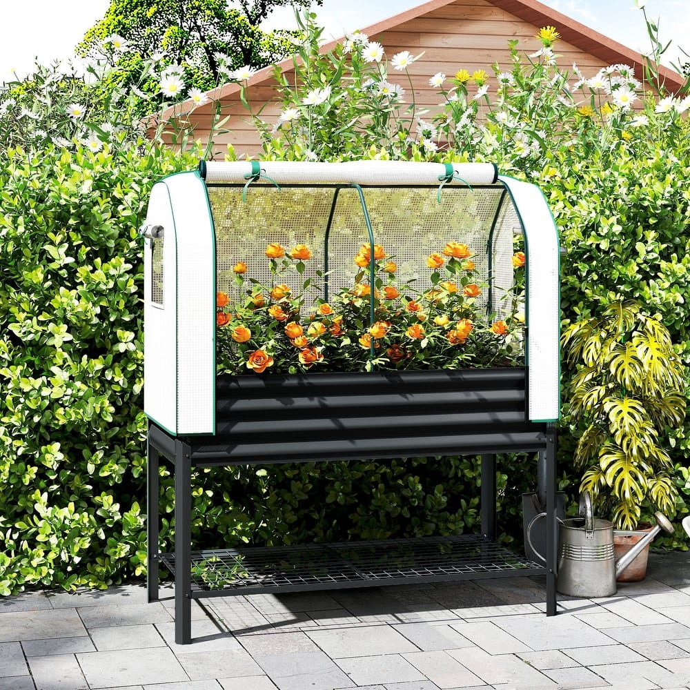 Outsunny Galvanised Raised Garden Bed with Greenhouse Cover, Metal Elevated Garden Bed with Legs, Bed Liner and Bottom Shelf