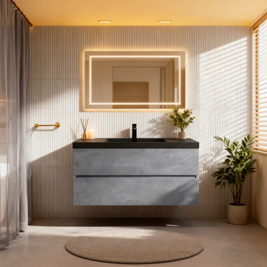 RupheonD 36" 48" Cement Grey Bathroom Vanity with Black Quartz Top