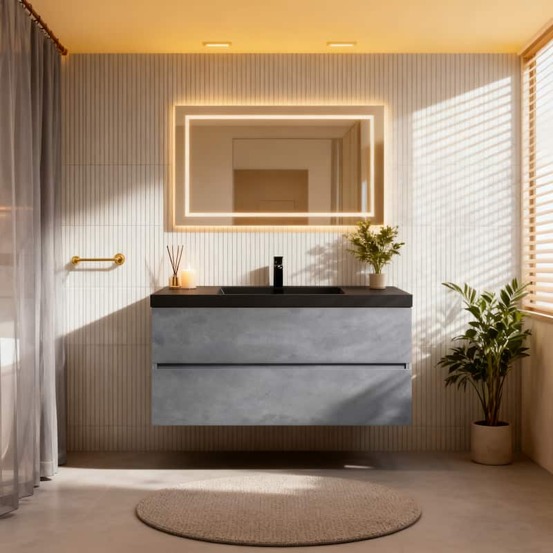 RupheonD 36" 48" Cement Grey Bathroom Vanity with Black Quartz Top