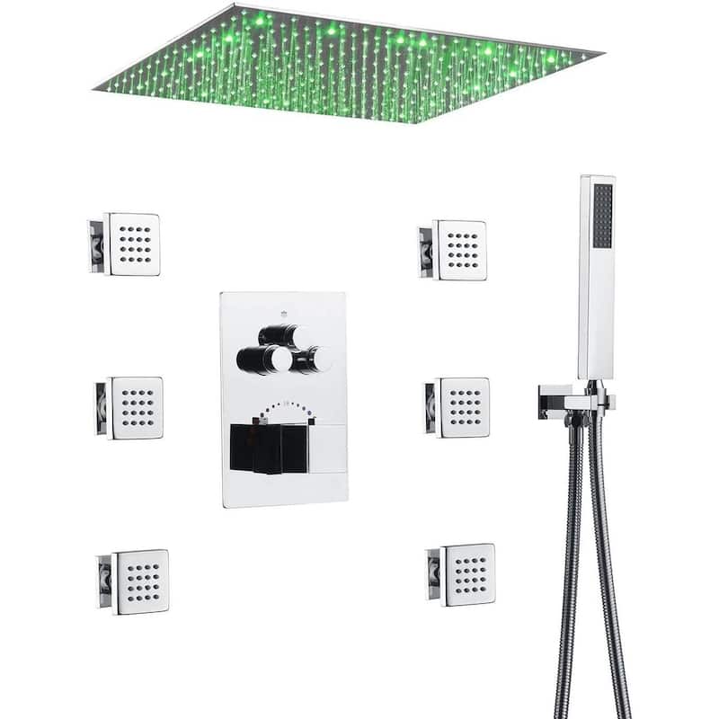20" Ceiling Rainfall Shower 3 Way Thermostatic Faucet System w/ 6 Body Jets - Chrome