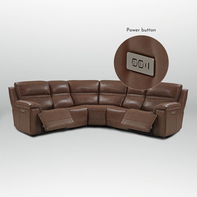 5PCS, 2 power Recliners, Dual-Power Genuine Leather Reclining Sectional with Adjustable Headrest