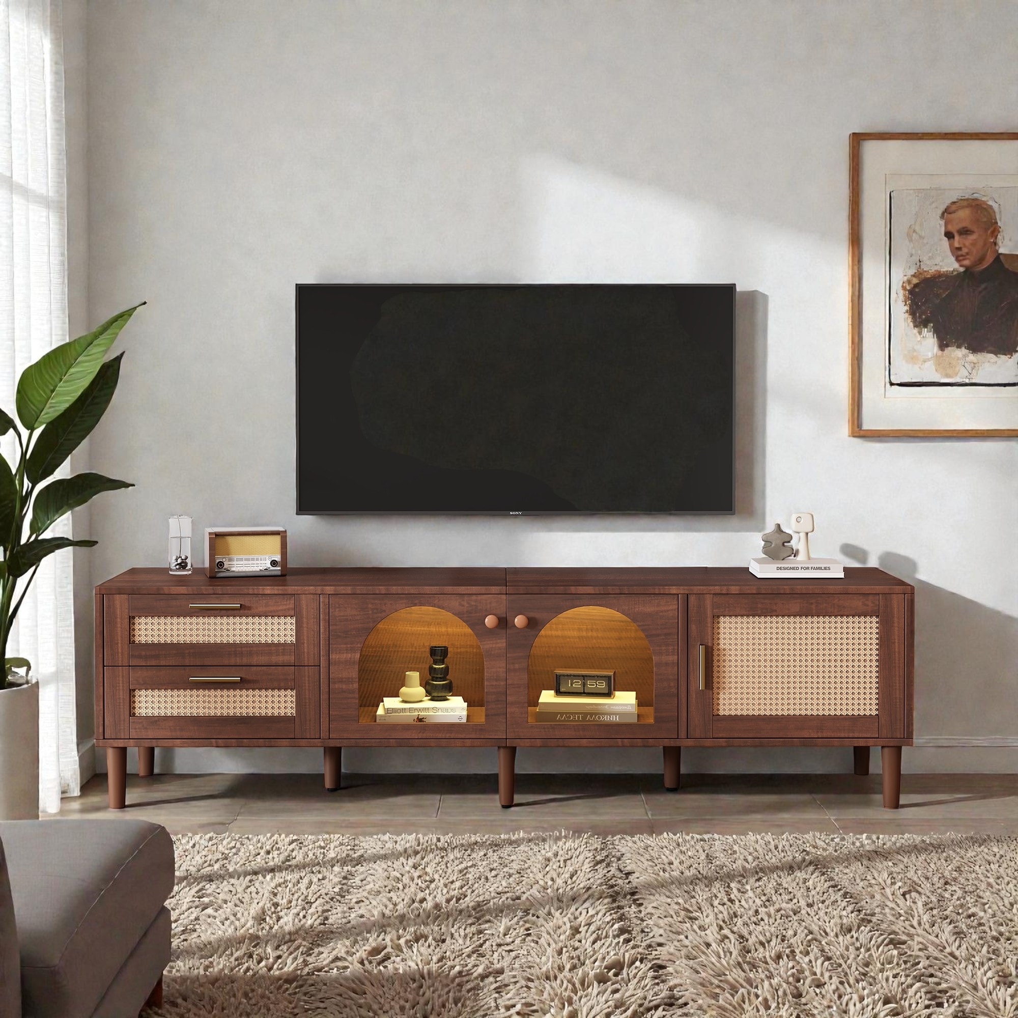 Rattan TV Stand with 3 Cabinets & 2 Drawers, LED Media Console for TVs up to 80'', Modern Storage Entertainment Center