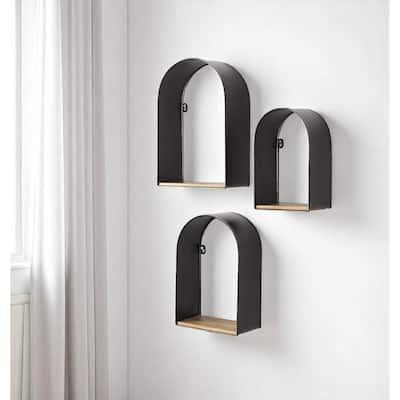 HomeRoots Set Of Three Black And Brown Metal And Solid Wood Arched Wall Mounted Accent Shelf - 11.22 in. x 15.16 in. x 11 in.