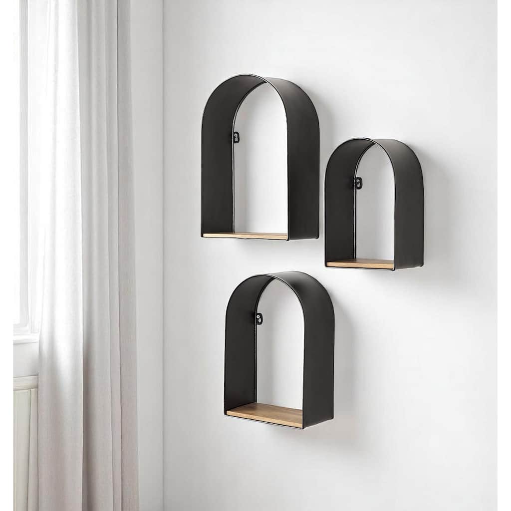 HomeRoots Set Of Three Black And Brown Metal And Solid Wood Arched Wall Mounted Accent Shelf - 11.22 in. x 15.16 in. x 11 in.