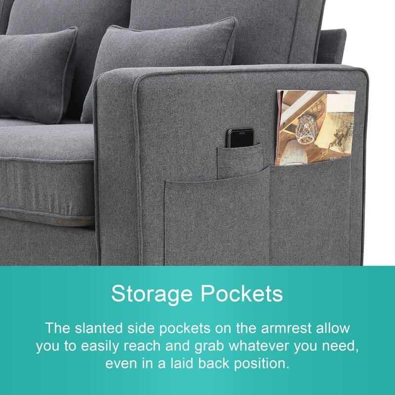 104"Upholstered Sofa Couch with Armrest Pockets and 4 Pillows, 4-Seater Modern Linen Fabric Sofa Minimalist Style Couches