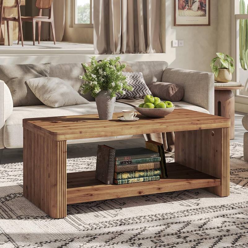 2-Tier Solid Wood Coffee Table for Living Room, 47.24" Rectangle Accent Center Tea Table with Storage
