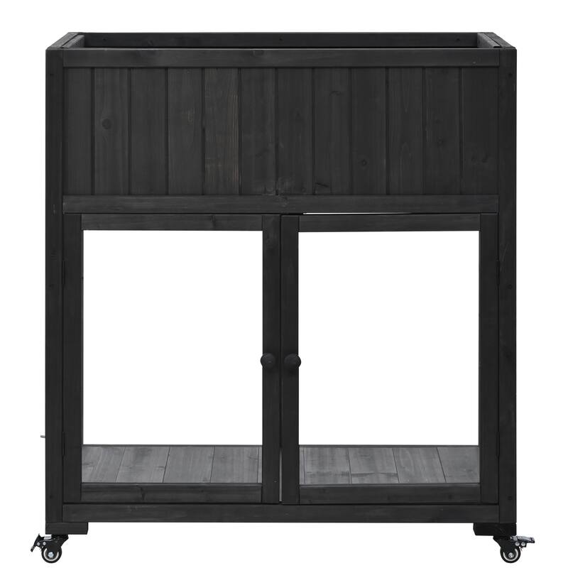 Mini Wooden Cold Frame, Compact 2 Doors Greenhouse with Raised Bed and Wheels, Outdoor Wood Planter with Drainage