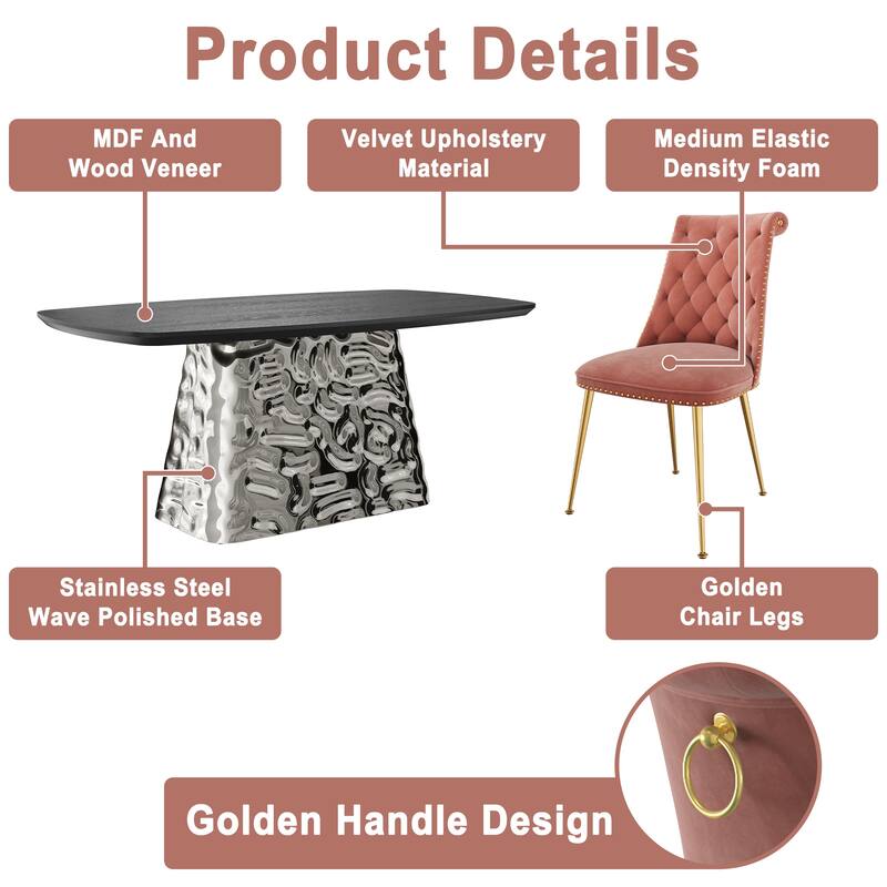 7-Piece Clihome Modern Stainless Steel Table Velvet Chair Dining Set