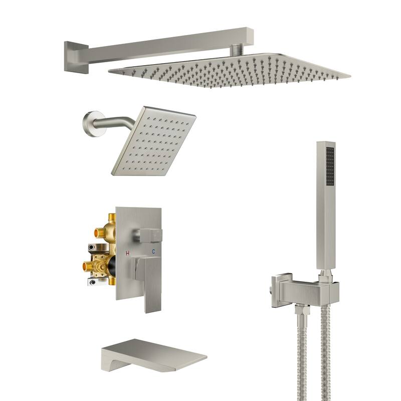4-Spray Wall Mount 12 and 6 in. Dual Fixed and Handheld Shower Head with Waterfall Tub Spout (Valve Included) - 12" x 12" - Brushed Nickel