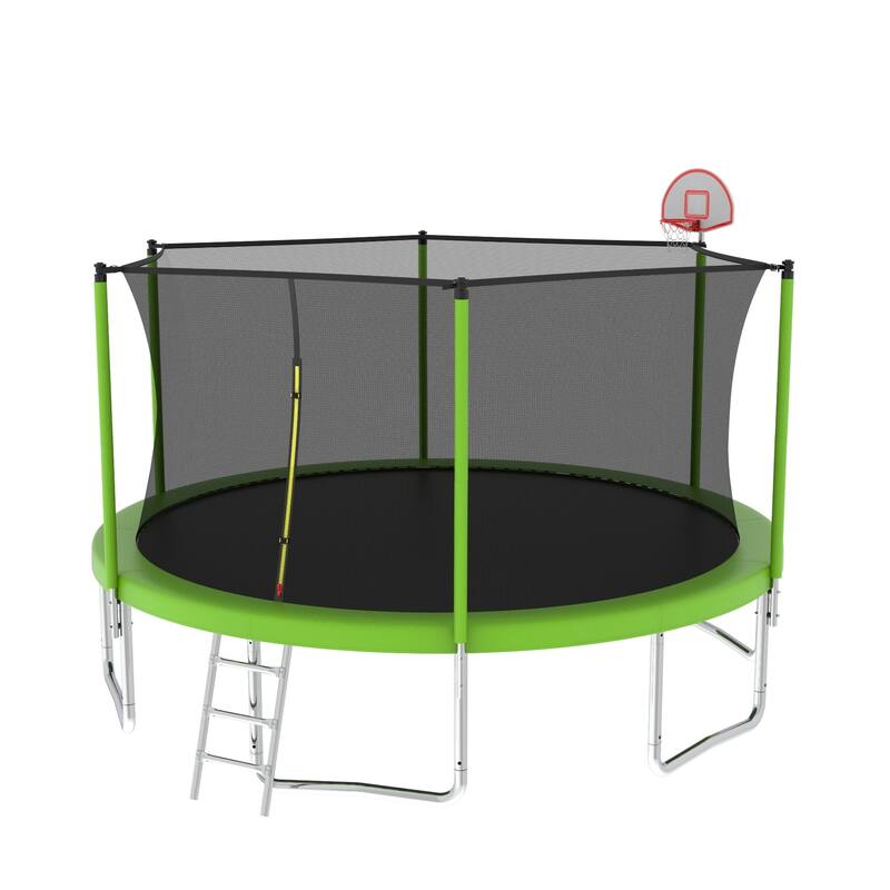 Outdoor Kids Trampoline with Basketball Hoop and Ladder, with Safety Enclosure for Backyard Fun