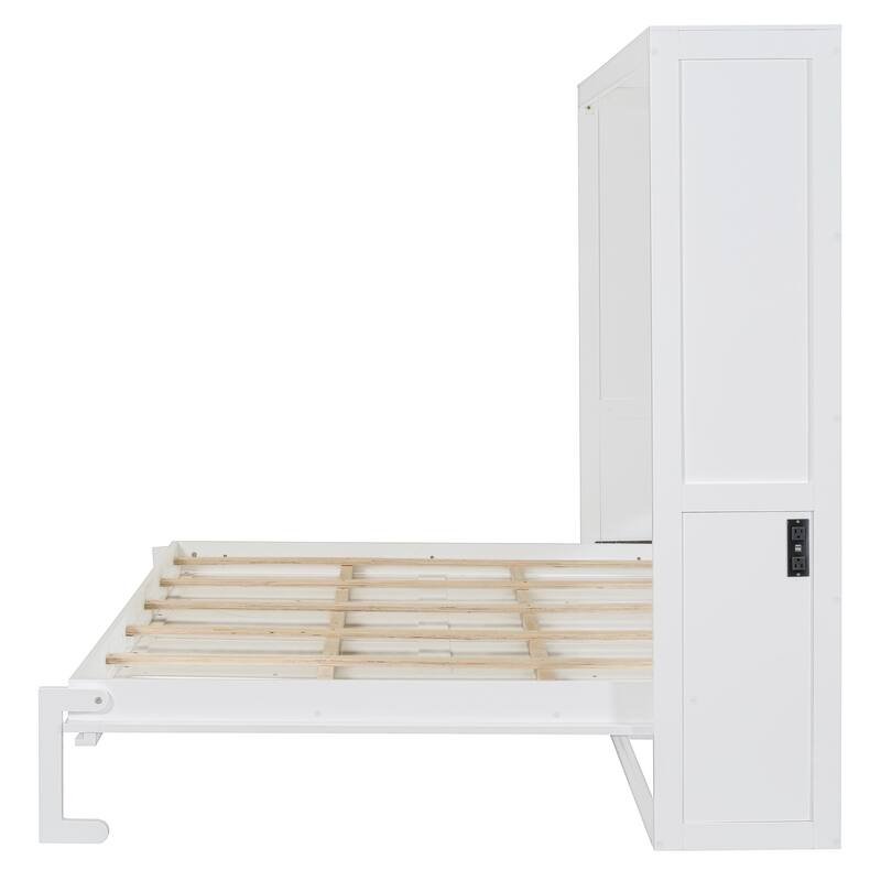 Full/Queen Size Murphy Bed with Rattan Doors and Charging Station, Hideaway Wood Wall Chest Bed Frame, No Box Spring Needed