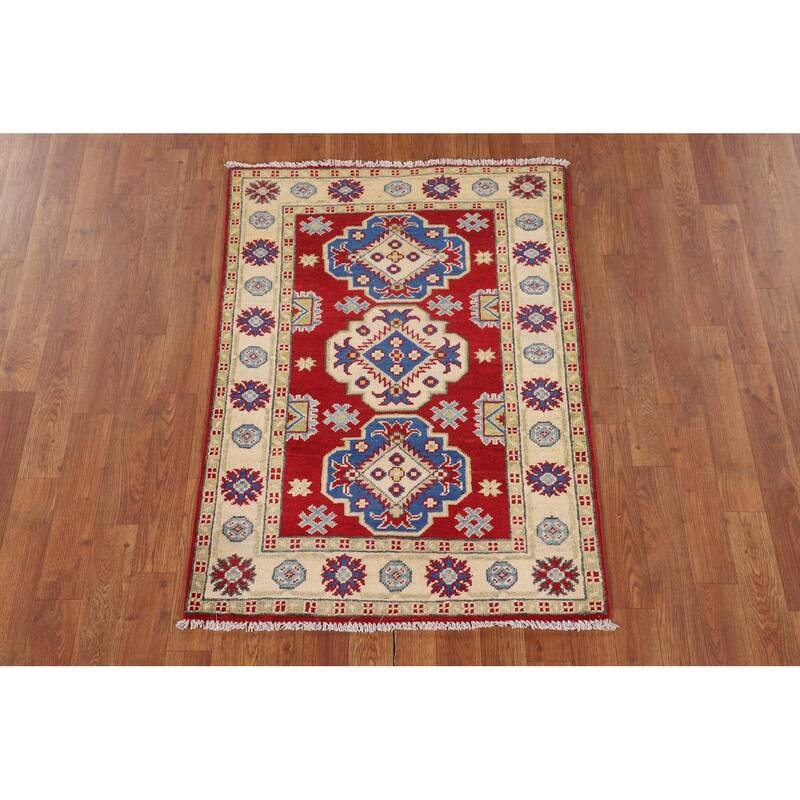 Red Geometric Kazak Oriental Accent Rug Handmade Foyer Wool Carpet - 2'8" x 3'9"