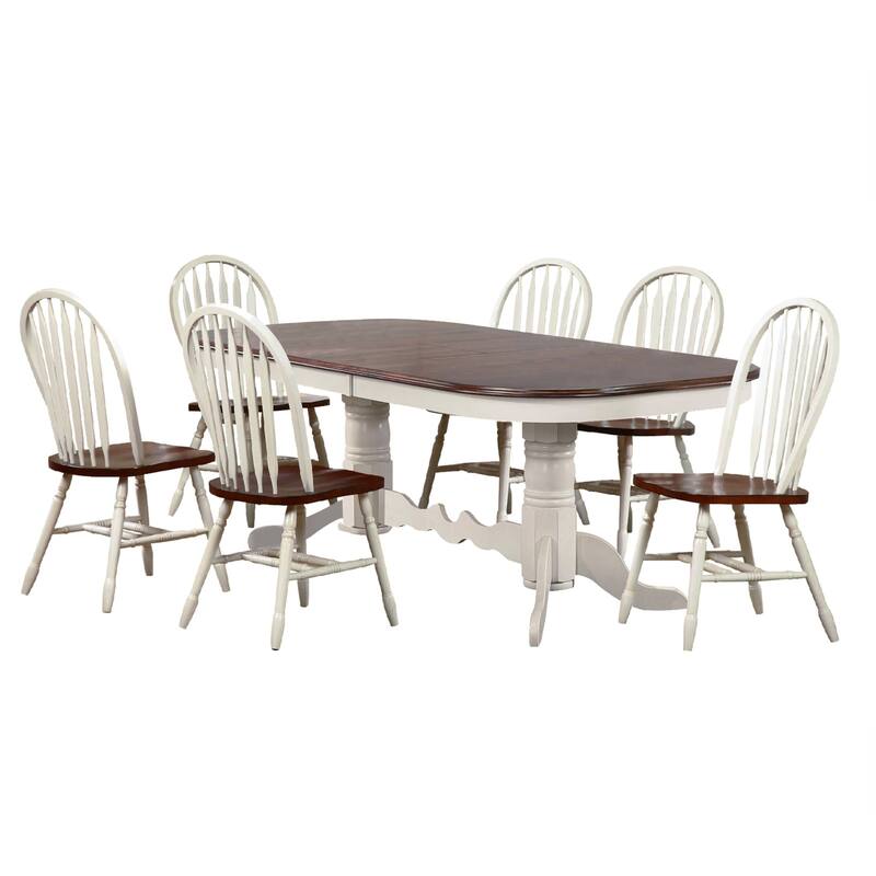 Extendable Dining Set 7 Piece Oval Table & 6 Chairs - Antique White & Chestnut Brown